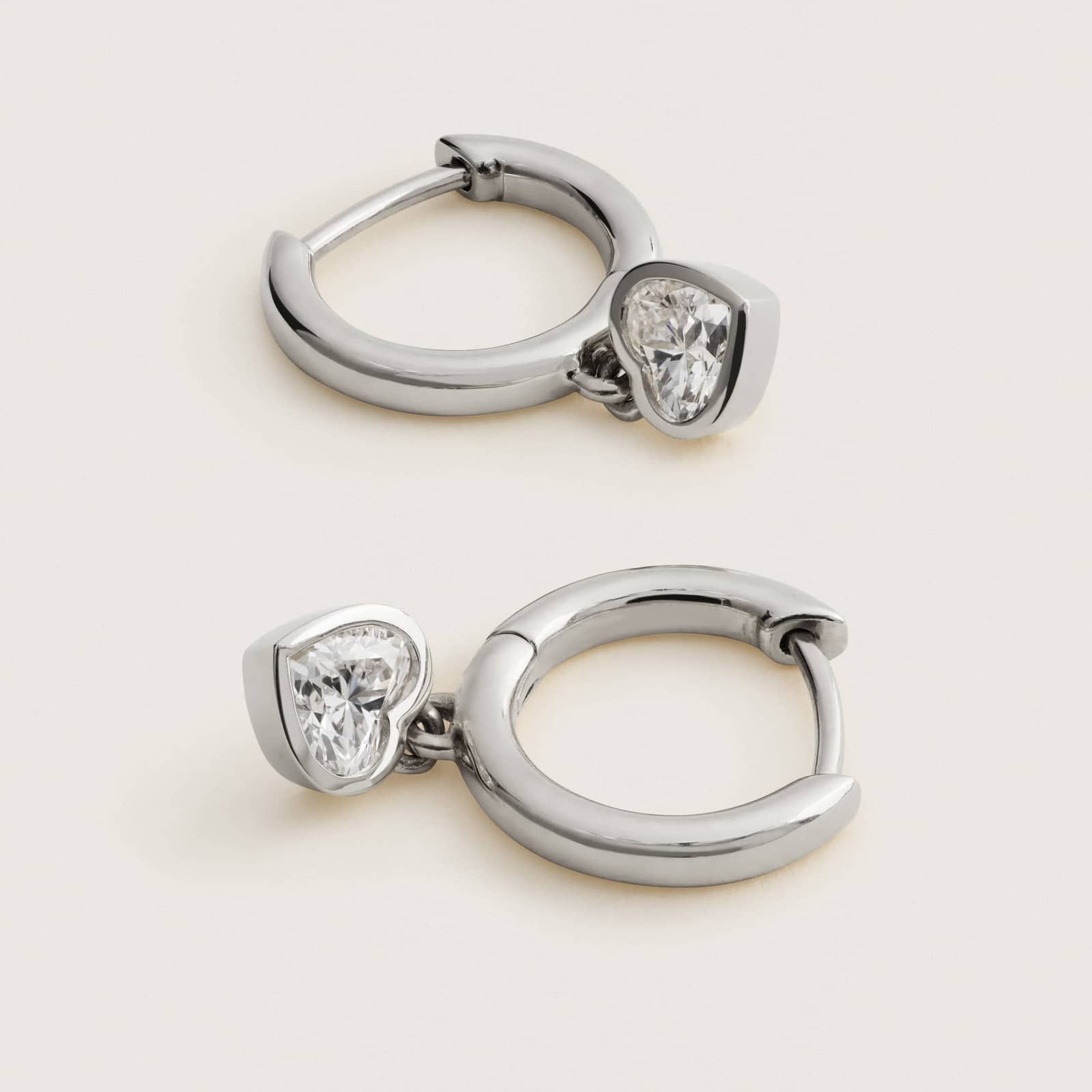 Heart Diamond Bezel Drop Huggie Earrings in 14K White Gold 2