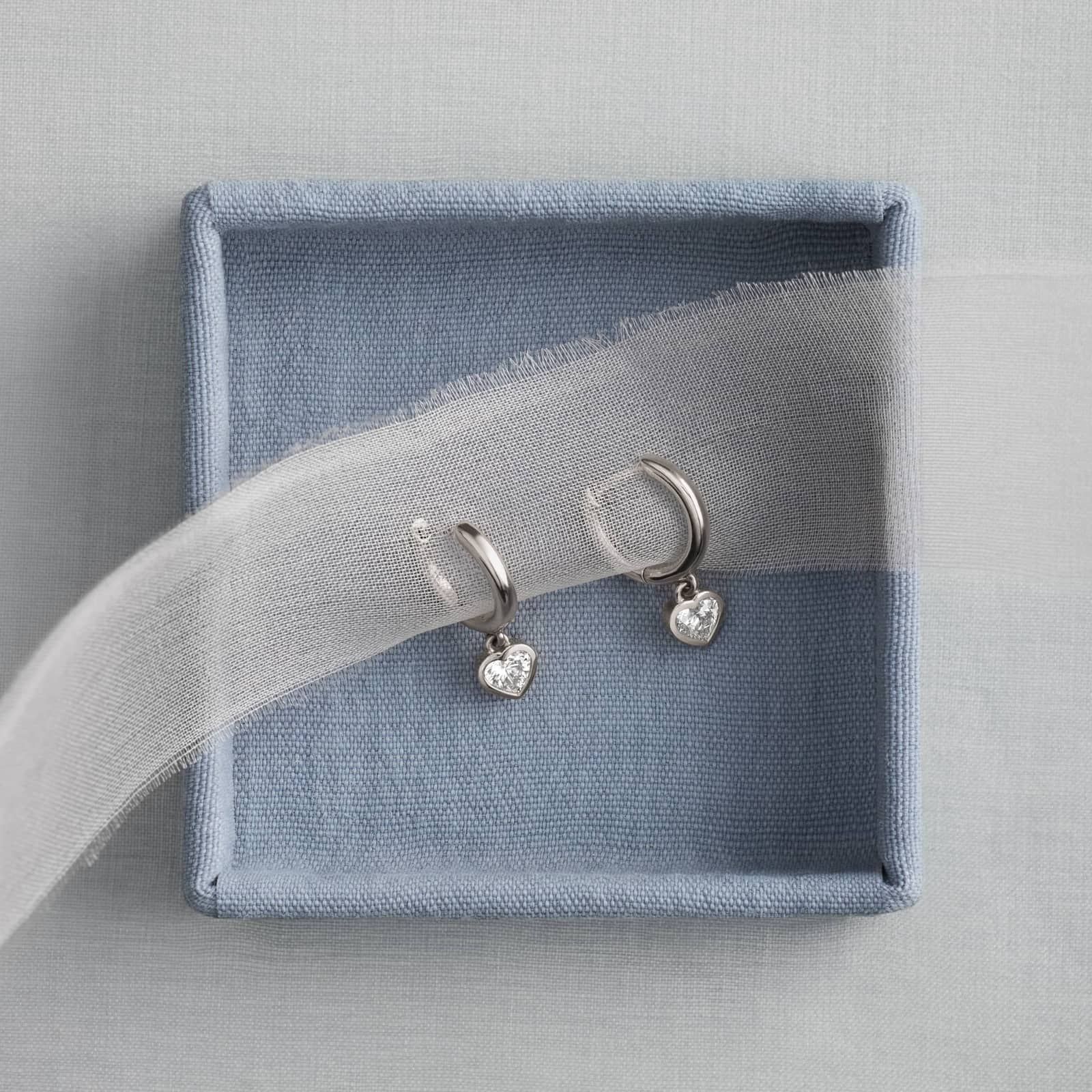 Heart Diamond Bezel Drop Huggie Earrings in 14K White Gold 4
