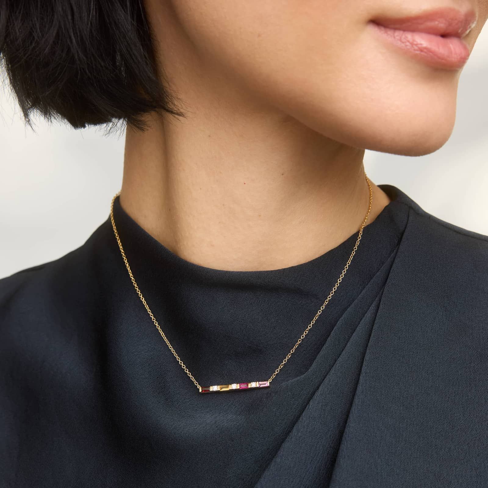 Personalized Baguette Cut Three Birthstone Bar Necklace With Lab-Grown Diamonds In 14K Yellow Gold 3