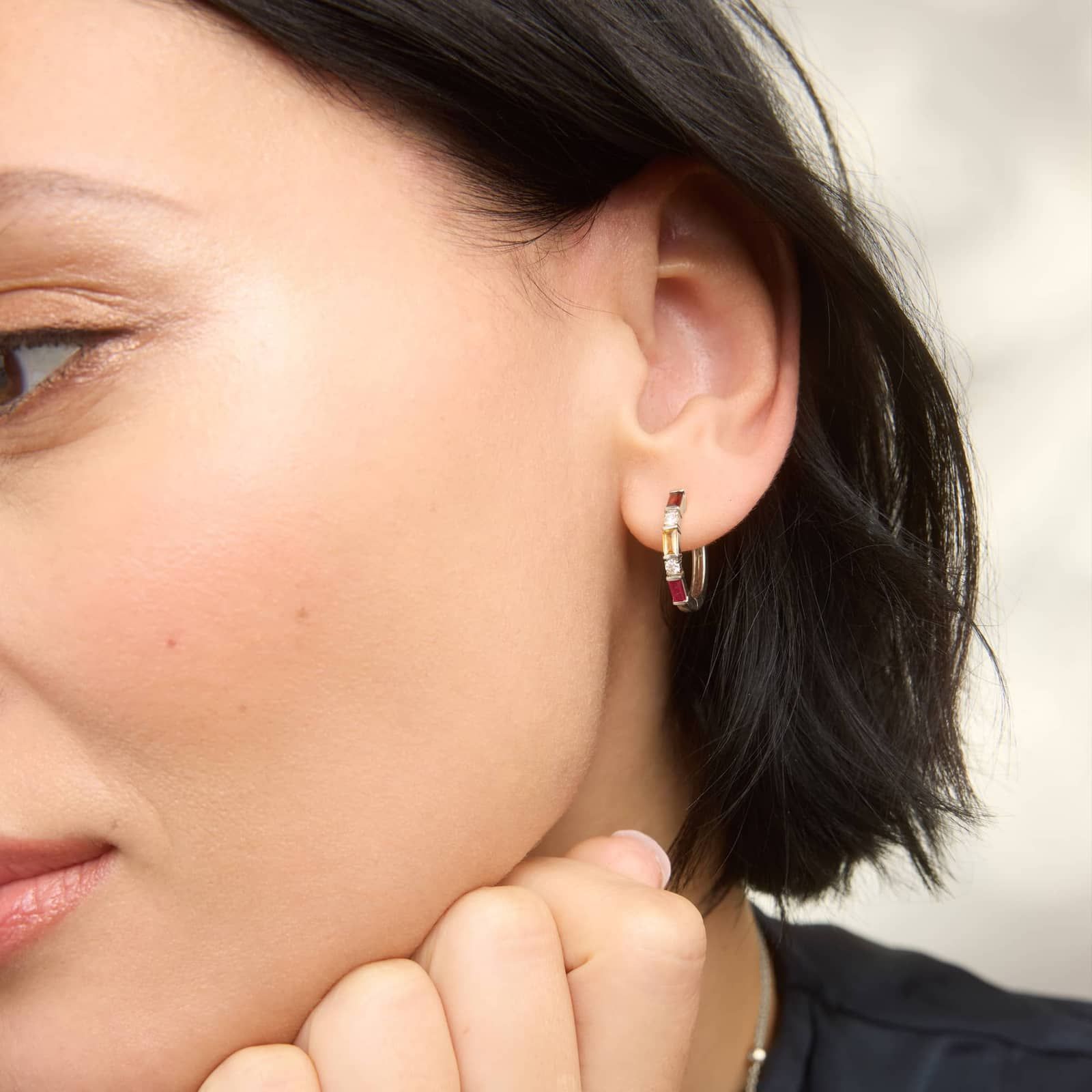 Personalized Baguette Cut Three Birthstone Hoop Earrings With Lab-Grown Diamonds In 14K White Gold 2