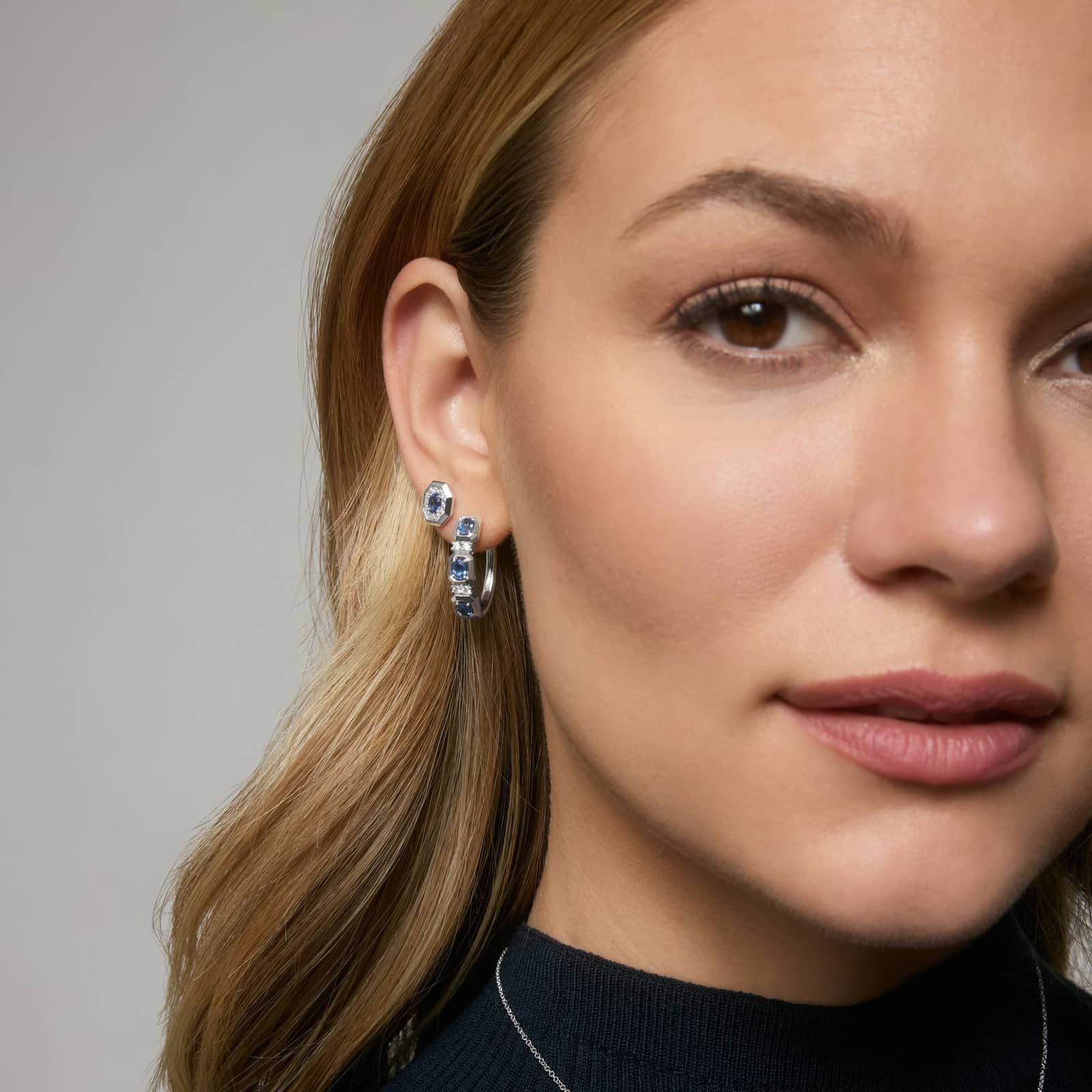 Oval Cut Blue Sapphire and Diamond Hoop Earrings In 14K White Gold 3