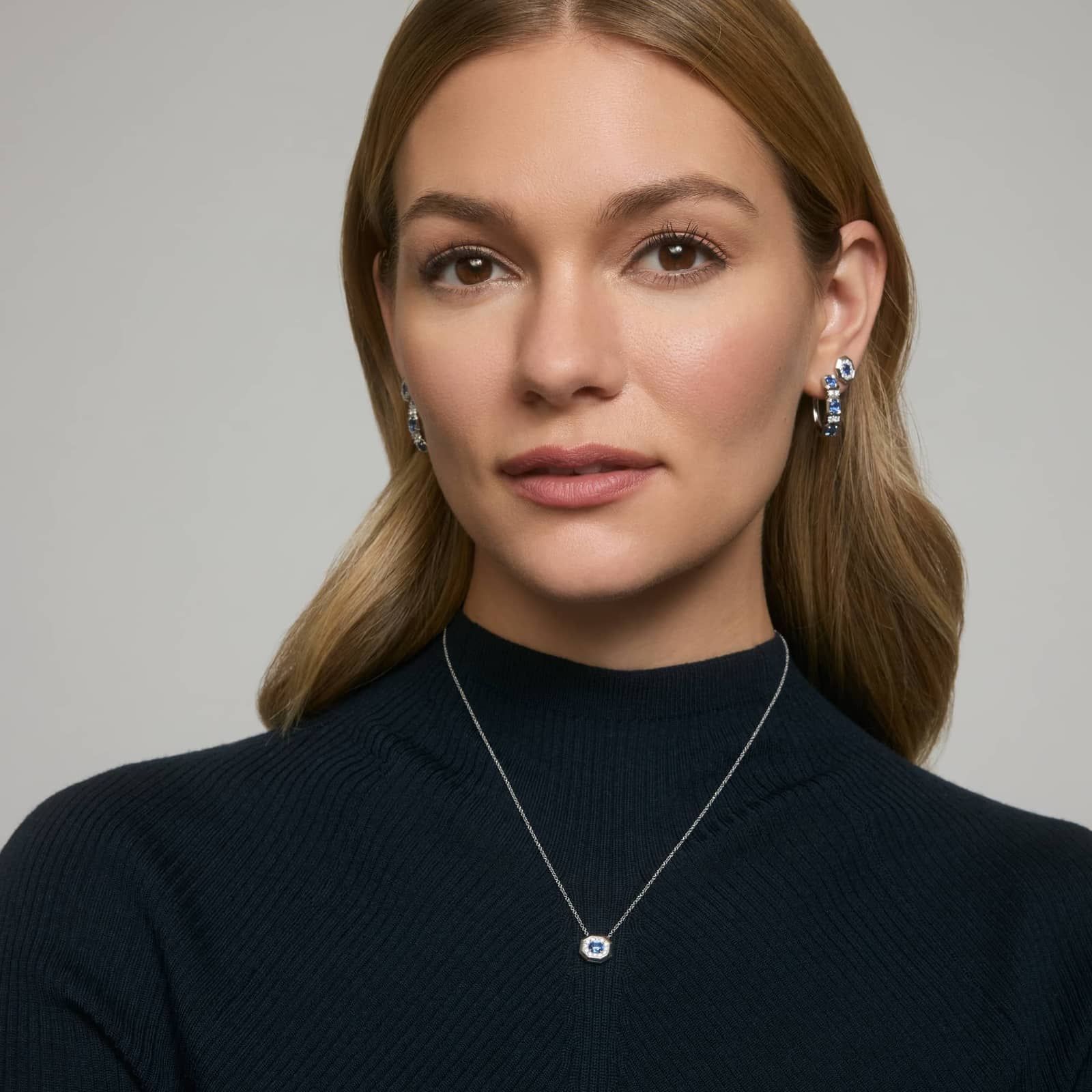 Oval Cut Blue Sapphire and Diamond Hoop Earrings In 14K White Gold 4