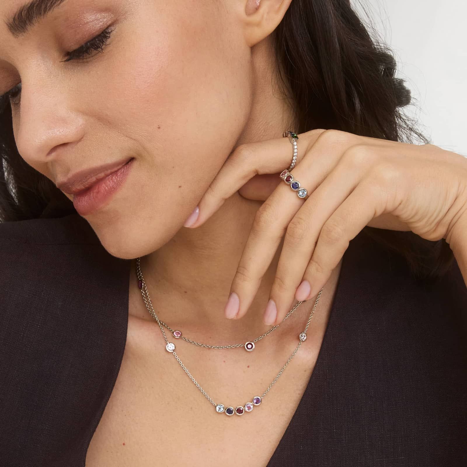 Personalized Round Cut Single Birthstone Smile Necklace With Lab-Grown Diamonds In 14K White Gold 2