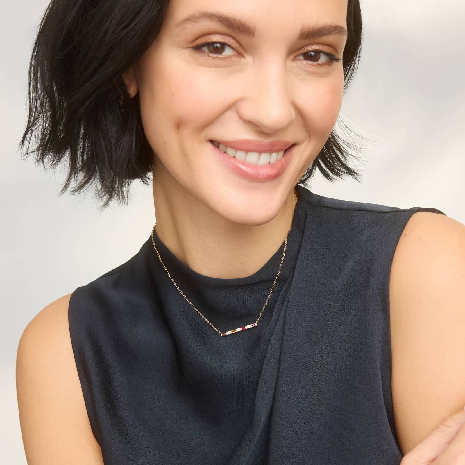 Personalized Baguette Cut Three Birthstone Bar Necklace With Lab-Grown Diamonds In 14K Yellow Gold 2