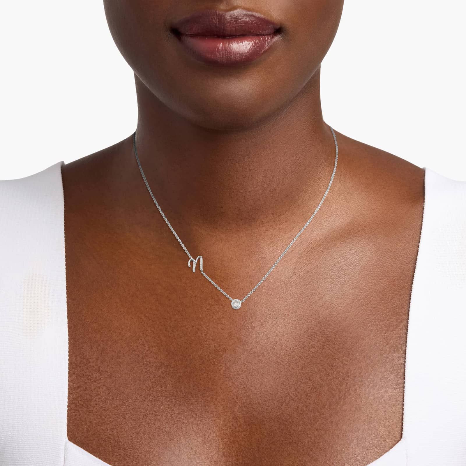 Chain-Set Initial N Necklace With Lab-Grown Diamonds In 14K White Gold 3