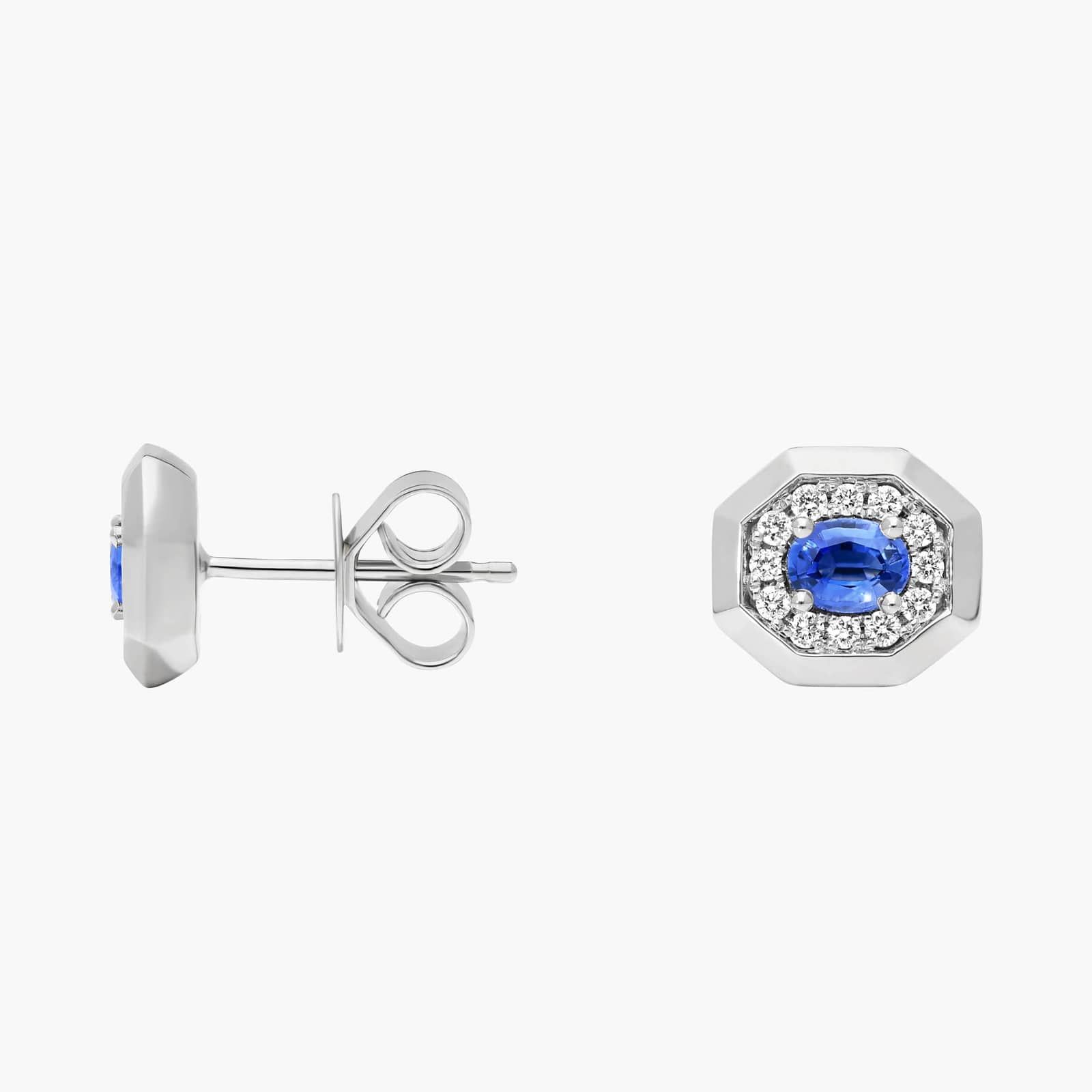 Oval Cut Blue Sapphire and Pavé Diamond Stud Earrings In 14K White Gold 2